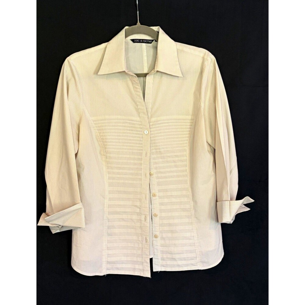 Zac & Rachel Women's Beige/White Striped Collared Button-Front Woven Shirt L